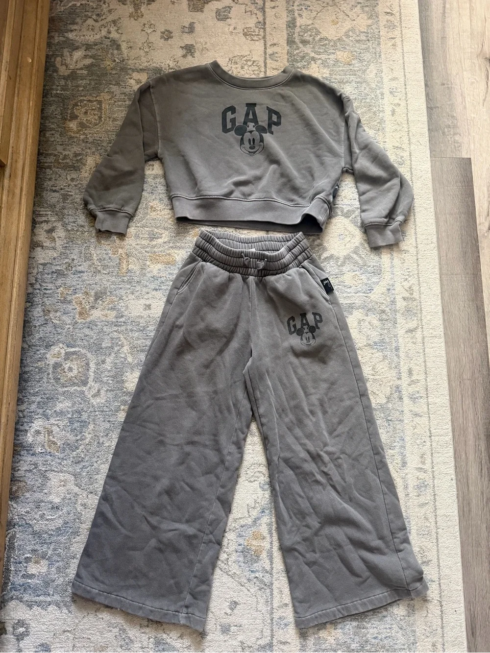 GAP Kids Taupe Gray Mickey Sweatshirt and Wide-Leg Sweatpants Set